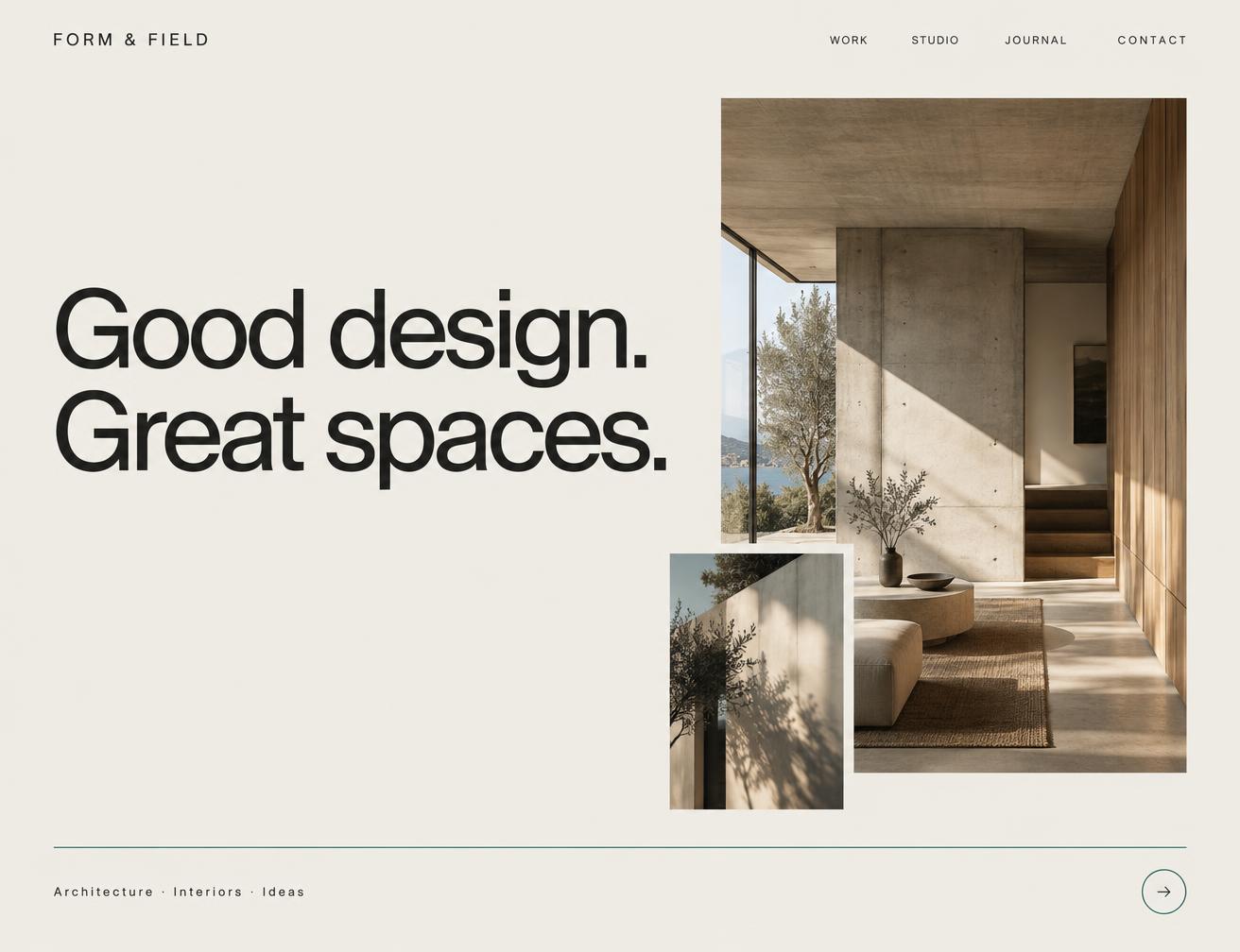 Example website design for a creative studio: warm paper background, large headline and an interior photograph