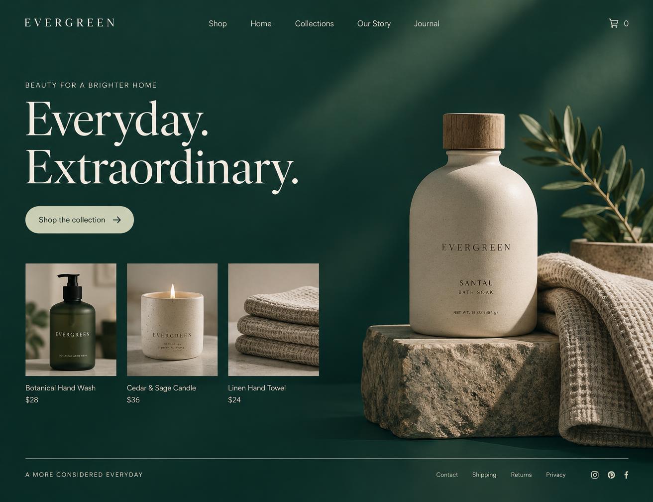 Example website design for a modern storefront: deep teal background, product photography and a shop button